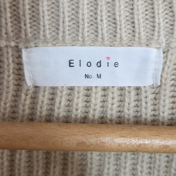 Elodie | Beige Tan Ribbed Lace Up Neckline Sweater Size Medium - Picture 4 of 5
